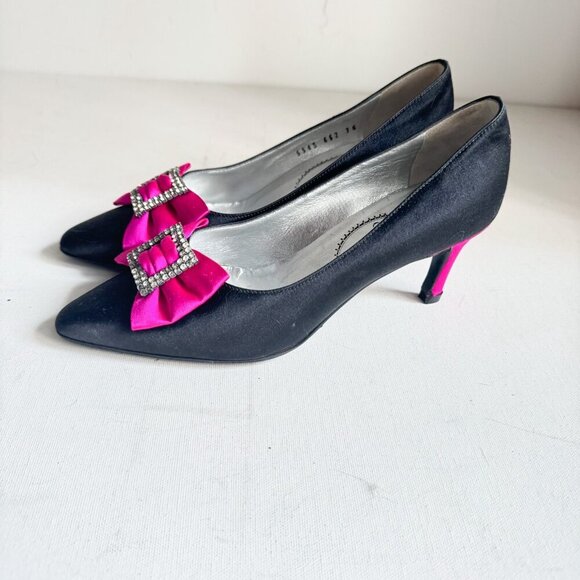 Casadei Luxe Vintage Satin Rhinestone Bow Black Pink Kitten Heels - Picture 8 of 12